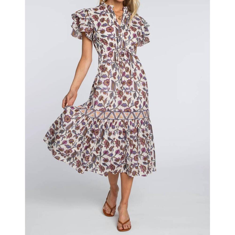 NEW ELIZABETH JAMES THE LABEL delia midi dress in ivory cactus flower